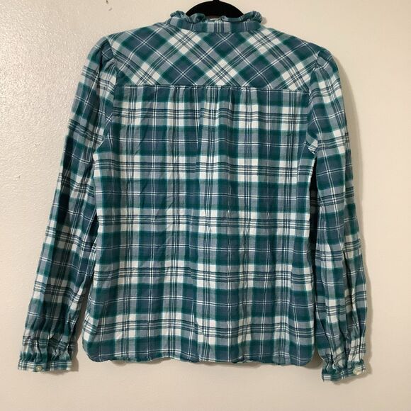 Loft Blue Plaid Ruffle Outdoorsy Cabincore Hiking Camping Button Down Shirt S - Picture 6 of 8